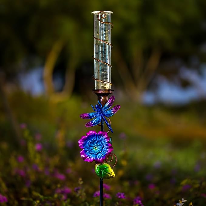 Stargarden Rain Gauge Outdoor, Solar Rain Gauge, Solar Measuring Gauge, Dragonfly Decorative Rain Gauge with 7" Plastic Tube for Yard Lawn Garden