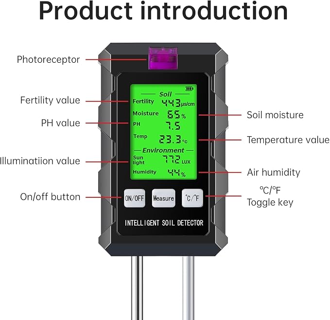 LDOPTO 6-in-1 Soil Moisture Meter, Soil Test kit with Moisture/pH/Temperature/Sunlight/Air Humidity/Fertility, Soil Tester for Farming, Gardening and Outdoor Plants (2*AAA Battery Needed)
