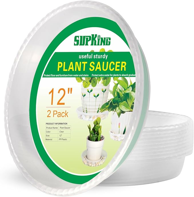 SupKing 2 Pack 12 Inch Plant Saucers Drip Tray Heavy Sturdy Plastic Flower Pot Saucers for Indoor,Clear Plastic Planter Water Tray for Plant Pots Liners (12''-Clear)