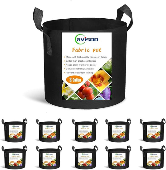Cavisoo 10-Pack 3 Gallon Plant Grow Bags, Heavy Duty 300G Thickened Non-Woven Aeration Fabric Pots with Reinforced Handles