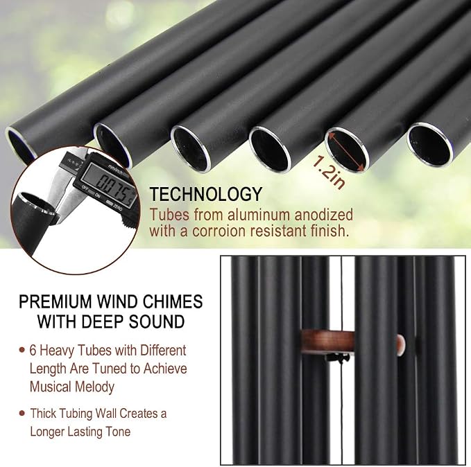 Wind Chimes Outdoor Large Deep Tone, 44 Inches Sympathy Wind Chimes Tuned Soothing Melody, Memorial Wind-Chime with 6 Heavy Tubes for Outside Decoration, Garden/Yard. Black Wind Chime