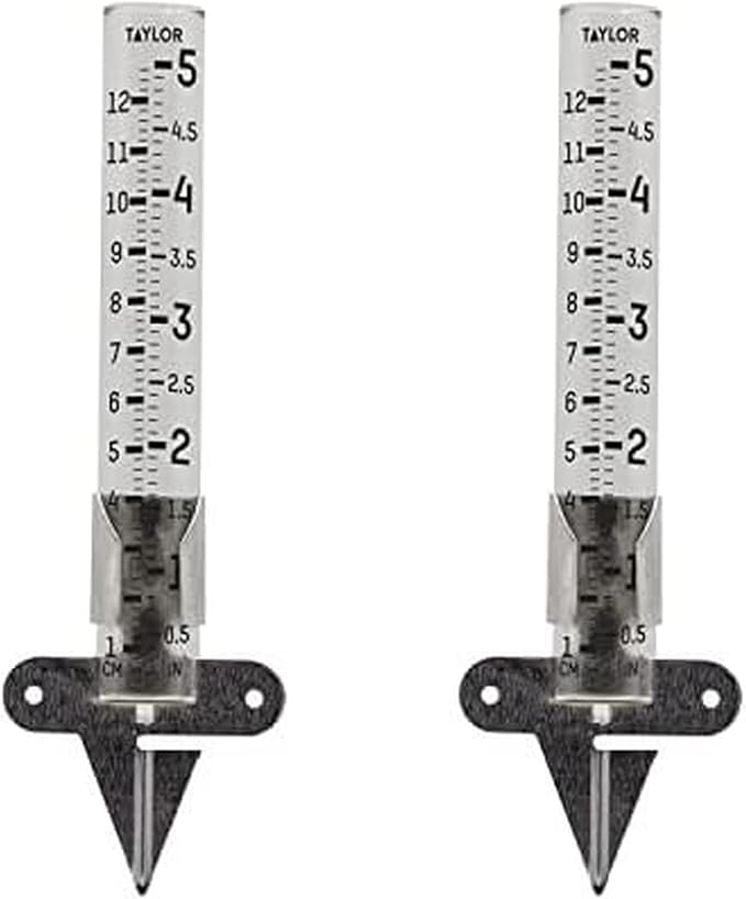 Taylor Rain Gauge Outdoor Glass 5 Inch Capacity - 2 Piece Set with Metal Ground Spike, Easy-Read Measurement Increments, Weather Resistant