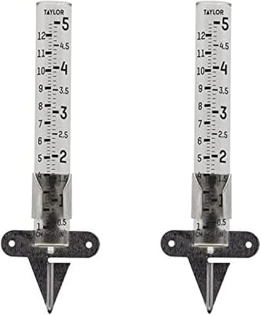 Taylor Rain Gauge Outdoor Glass 5 Inch Capacity - 2 Piece Set with Metal Ground Spike, Easy-Read Measurement Increments, Weather Resistant