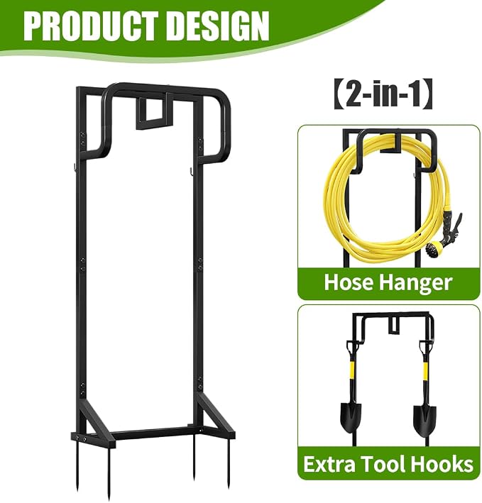 AZERPIAN Garden Hose Holder Detachable Hose Holder Freestanding Heavy Duty Metal Hose Reel Stand Water Hose rack For Outside (Black, 15.35 * 7.09 * 44.88)