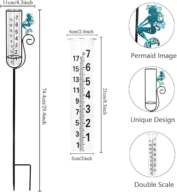 Stargarden Rain Gauge Outdoor, Mermaid Rain Gauge with Metal Stake, Decorative Rain Measure Tool for Lawn, Garden, Outdoor