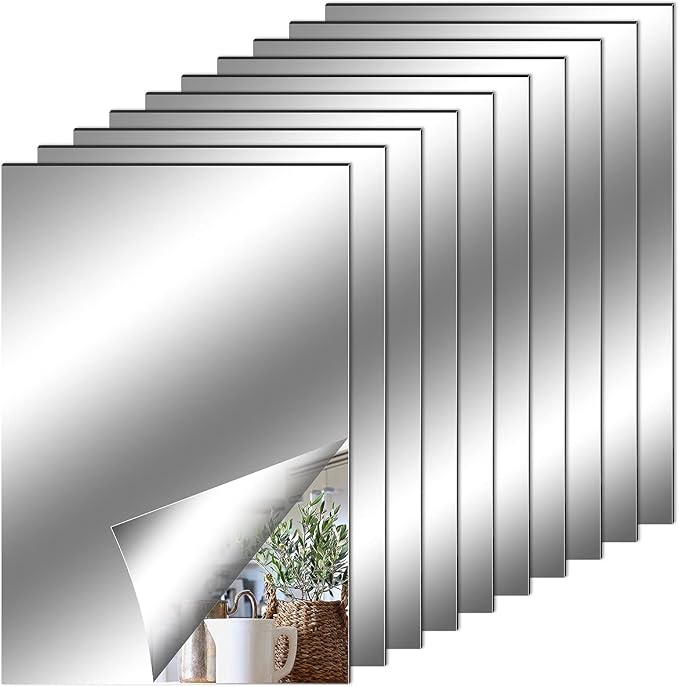 Fantasyon 10 Pieces Flexible Mirror Sheets, Self Adhesive Decorative Plastic Mirror Tiles Non-Glass Mirror Stickers for School Educational and Home Wall Decor(4x6 Inch)