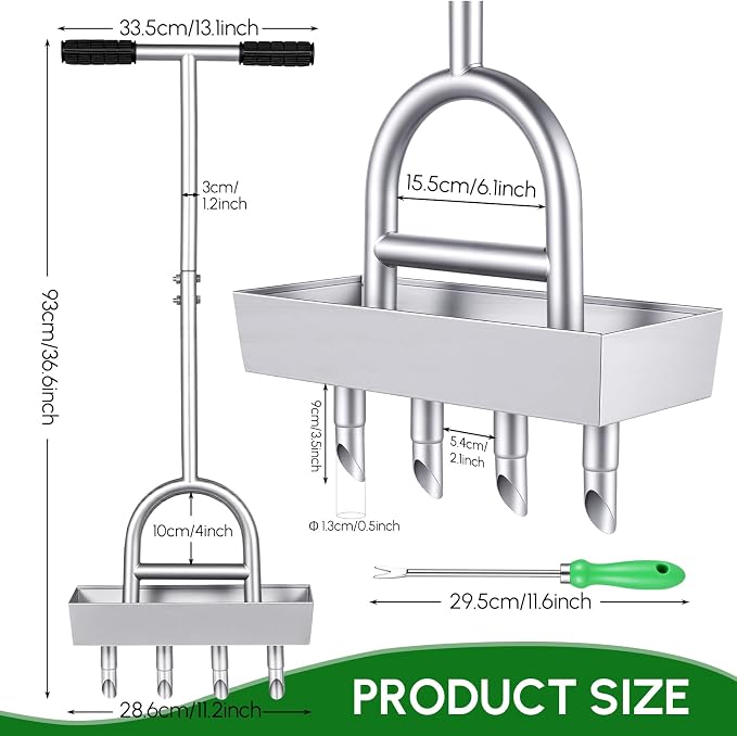Lawn Coring Aerator, Manual Lawn Aerator Tool with 4 Stainless Steel Plug Corer, Pre-Assembled Grass Aerating Tool with Soil Core Storage Tray for Yard Garden Compacted Soil & Lawn Care