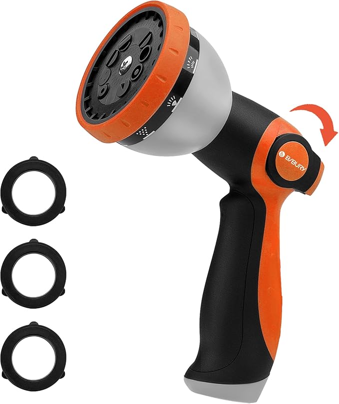 Water Hose Nozzle Sprayer, BIBURY Hand Sprayer with 10 Spray Patterns and On Off Valve Thumb Control, High Pressure Garden Hose Spray Nozzle for Watering Plants, Cleaning, Car Wash and Showering Pets