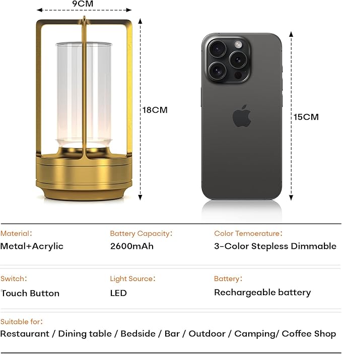 HAPYGI Portable Metal Table Lamp for Indoor/Outdoor,Rechargeable Cordless LED Lamp, 3-Colour Infinitely Dimming Battery Powered Small Desk Lamp, Restaurant/Bedroom/Bar/Coffee/Camping Light (Gold)