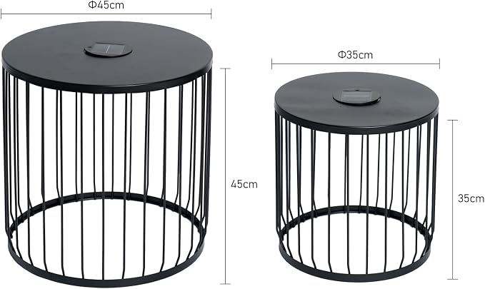2-Pack Solar Nesting Side Tables, Modern Round End Tables with LED Lights, Metal Wire Cage Accent Tables, Waterproof Indoor Outdoor Patio Nightstand for Living Room Balcony Garden, Matte Black