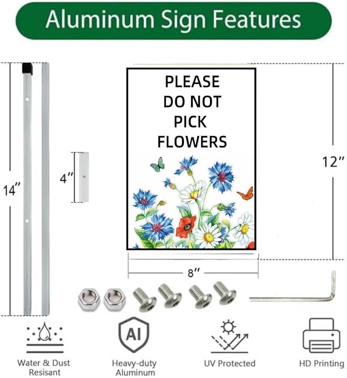 Please Do Not Pick Flowers Yard Sign with Stakes,Pollinator Wildflowers Butterfly Bee Habitat Rustproof Aluminum Lawn Sign Stand for Yard Garden Outdoor Decorations（8 * 12in）