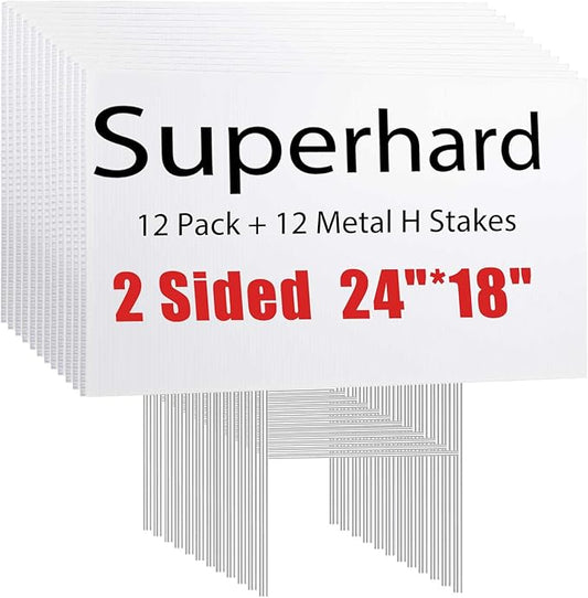 12 Pack Large Blank Yard Signs 18 x 24" with Metal Stakes, White Plastic Yard Lawn Sign for Birthday Decoration,Garage Sale,Guidepost, Open House, Rent