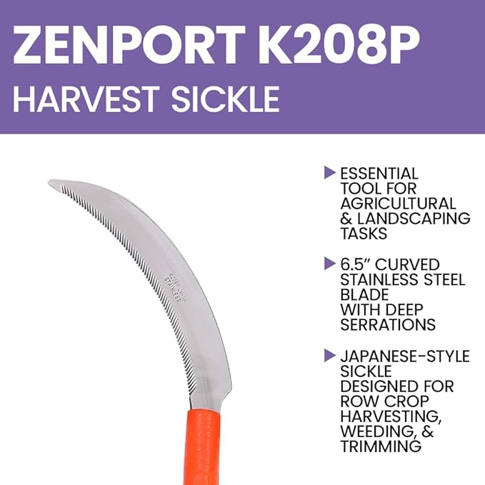 Zenport K208P Harvest Sickle with Plastic Handle, Light Serration, 6.5-Inch Stainless Steel Blade, Orange - 3 Pack