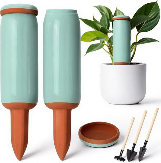 2 Pcs Large Terracotta Watering Spikes Set with Lids 17.5 oz Plant Watering Devices with Mini Shovel Self Water Spikes Plant Globes Insert Gardening Tools for Indoor Outdoor