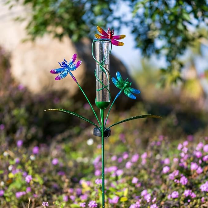 Stargarden Rain Gauge Outdoor, Dragonfly Solar Rain Gauge with 7" Plastic Tube, Decorative Rain Gauge for Yard Garden Patio Lawn