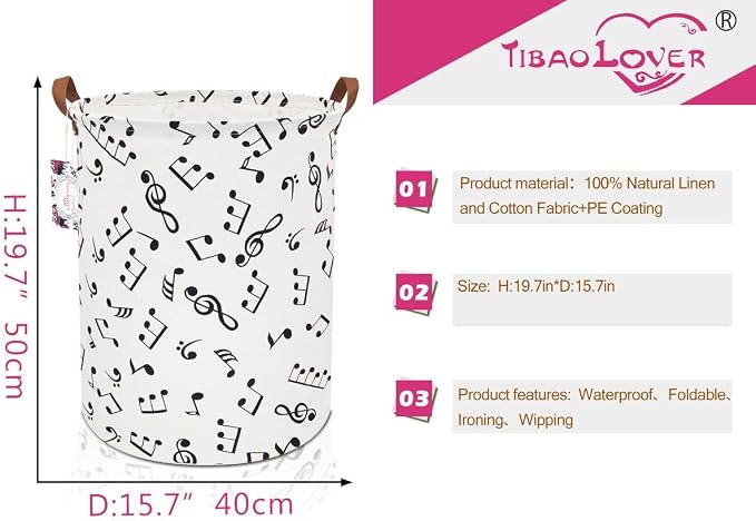 19.7" Large Sized Waterproof Foldable Canvas Laundry Hamper Bucket with Handles for Storage Bin,Kids Room,Home Organizer,Nursery Storage,Baby Hamper (Musical Note)