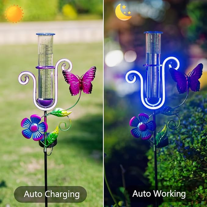 Stargarden Rain Gauge Outdoor, Solar Powered Rain Gauge, 7" Tube Butterfly Rain Measure Tool with Metal Stake, Decorative Rain Measure Gauge for Yard, Lawn, Garden
