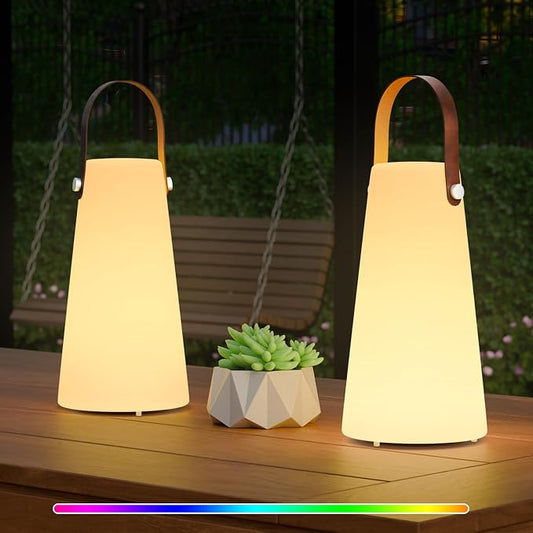 2 Pack Outdoor Lamps, NiceBuy Rechargeable Outdoor Lanterns Table Lamp with IP44 Waterproof, Battery Operated Portable Hanging Cordless Outdoor Lamp RGB Colors for Patio Camping Balcony Porch