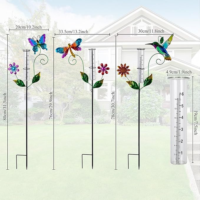 Rain Gauge Outdoor, 3 Pcs Hummingbird & Dragonfly & Butterfly Rain Gauges with 6" Plastic Tube, Metal Decorative Garden Stakes for Yard Patio Lawn Decor