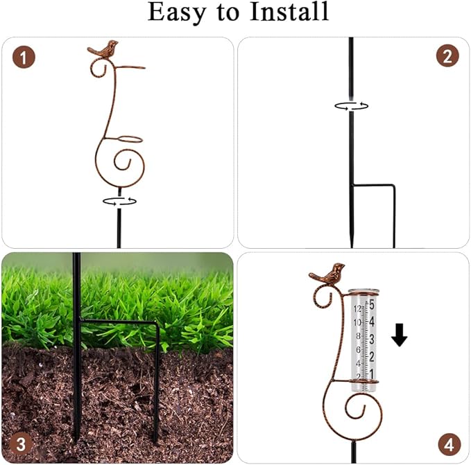 Rain Gauge Outdoor, Hummingbird Rain Gauges for Yard, Freeze Proof Rain Gauge with 7" Glass Tube, Metal Decorative Garden Stake for Measuring Precipitation