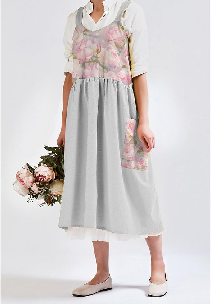 Uaussi Cotton Linen Apron Cross Back Work Apron for Women with Pockets Pinafore Dress X Cross Halter Apron for Chef Gardening
