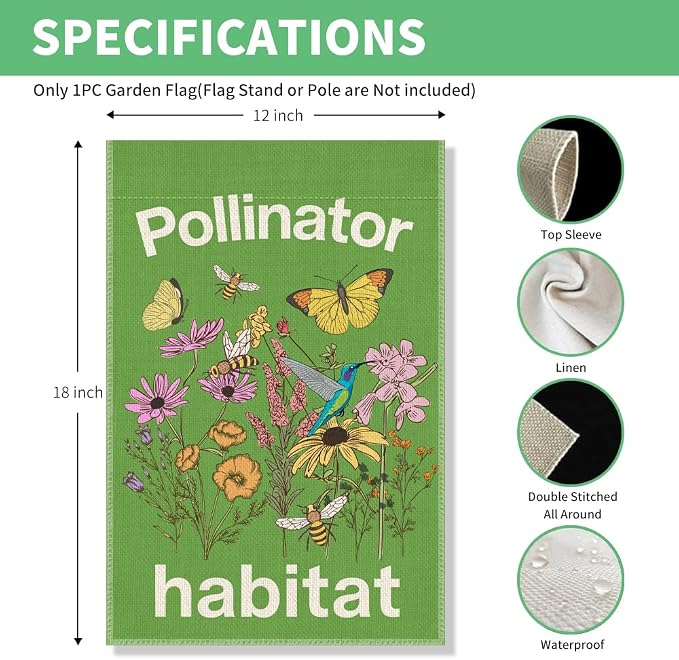 Perfectinsoy Pollinator Habitat Garden Flag, Pollinator Friendly Garden Sign, Eco-Friendly Welcome Yard Home Holiday Farmhouse Porch Patio Outdoor Decor, Flag Gifts for Native Plants Lovers Gardener