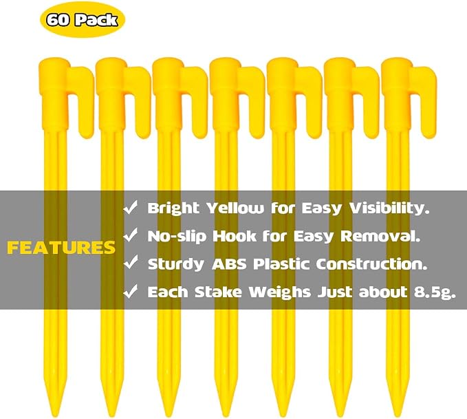 60 Pack Plastic Tent Pegs Garden Landscape Stakes 5.7 Inch for Anchoring Garden Netting, Camping Tents, Rain Tarps and Landscape Fabric Lawn Edging Yellow