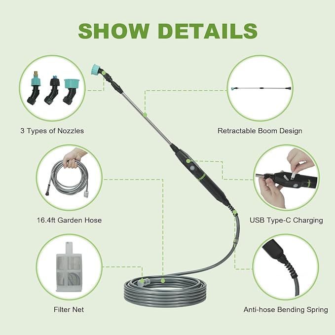 22.1'' Electric Sprayer Wand, Adjustable Nozzle, 16.4FT Hose, Upgrade Rechargeable Battery ensure Long Runtime, Lightweight Cordless Wand for Weed Control & Plant Watering