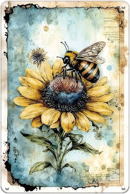 YOYI ART Metal Garden Signs for Outside - Vintage Bee Sunflower Sign, Outdoor Signs for Patio, Backyard, Farmhouse, Garden, Porch, Home and Yard Wall Decor Art, Gifts for Women, 8 x 12 inch