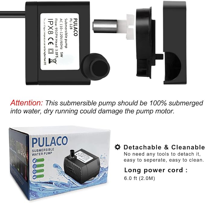 PULACO 2Pcs Mini Fountain Pump (50GPH 3W), Ultra Quiet Submersible Water Pump for Aquarium, Small Fish Tank, Pet Water Fountain, Tabletop Fountains, Water gardens and Hydroponic Systems