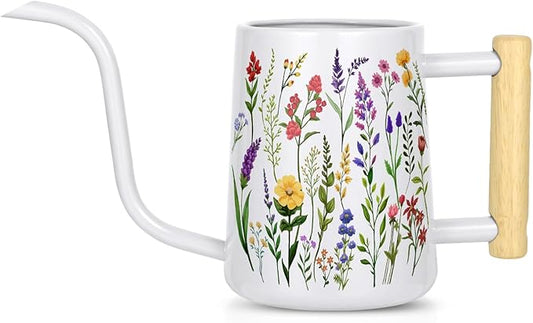 Watering Can Indoor Plants, 35 oz/1000 ml Metal Stainless Steel Watering Can Pot with Long Spout for Indoor House Plants Bonsai Outdoor Garden Flower Decorative White Flowers