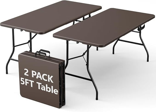 2 Pack Folding Table 5ft - Heavy Duty Plastic Table with Handle, Foldable & Portable, Fold-in-Half Utility Tables for Outdoor, Dining, Wedding, Events, Indoor, Picnic, Camping, Party (Brown)