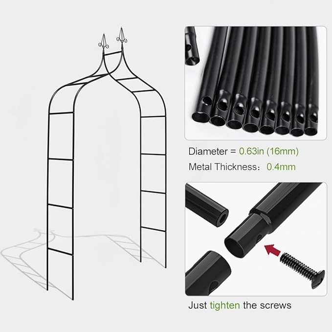 Thickened Metal Garden Arch,16mm Pipe Diameter Heavy-Duty Gothic Garden Arbor for Climbing Plant Roses Vines, Garden Patio Bridal Party Decoration Wedding Arch (Black, XL)