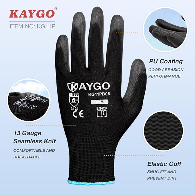 KAYGO Work Gloves for Men and Women,60 Pairs Seamless Knit PU Coated Safety Gloves, with Smooth Grip on Palm and Fingers, Ideal for Light Warehouse, Manufacturing, Gardening, KG11P (L, Black)