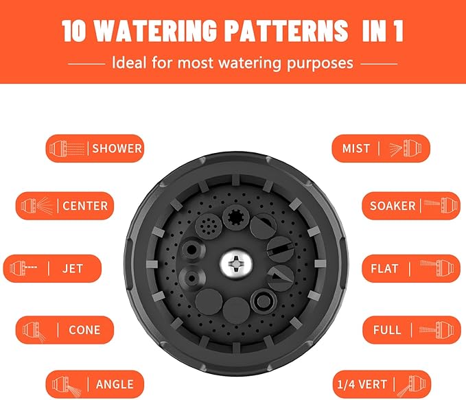 Besiter Garden Hose Nozzle Sprayer 10 Watering Patterns Spray Nozzles Heavy Duty Hose Head Lightweight Hose Attachment Orange