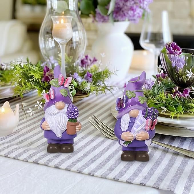 MEETYAMOR Lavender Gnomes Figurines, Set of 2 Purple Resin Gnomes with Butterfly Lavender for Spring Decor, Summer Gnome Garden Decor for Home Indoor Outdoor Table Mantle Decorations