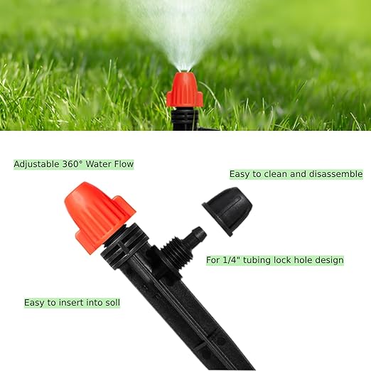 360° Adjustable Drip Spray Emitters for 1/4" Tubing, 30pcs | Lock Barb Parts, with Stake