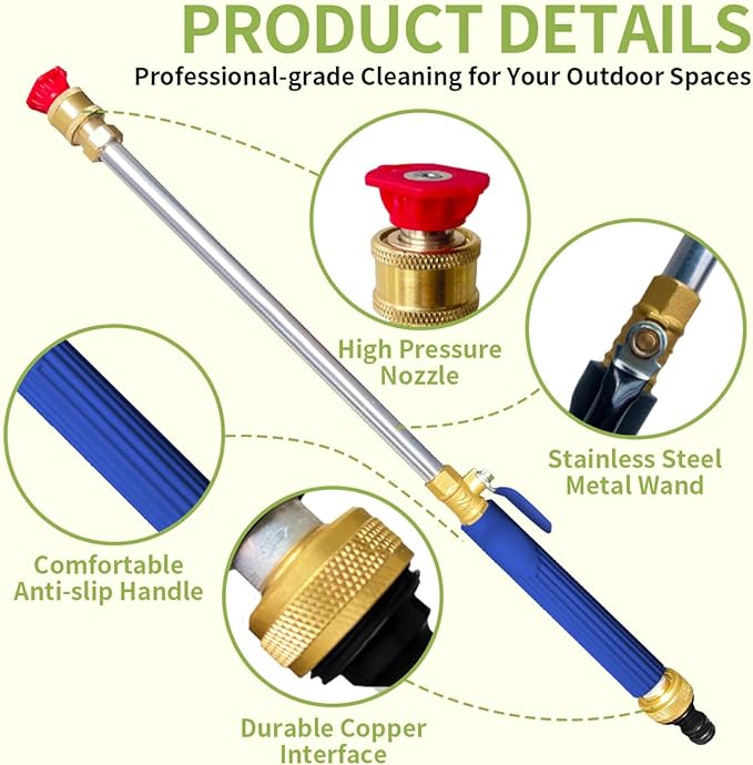 Upgrade Leak-Free jet nozzle high pressure hose nozzle，Suitable for garden hoses high pressure power washer wand with 5 High Pressure hydro nozzles and Quick Connectors (blue)