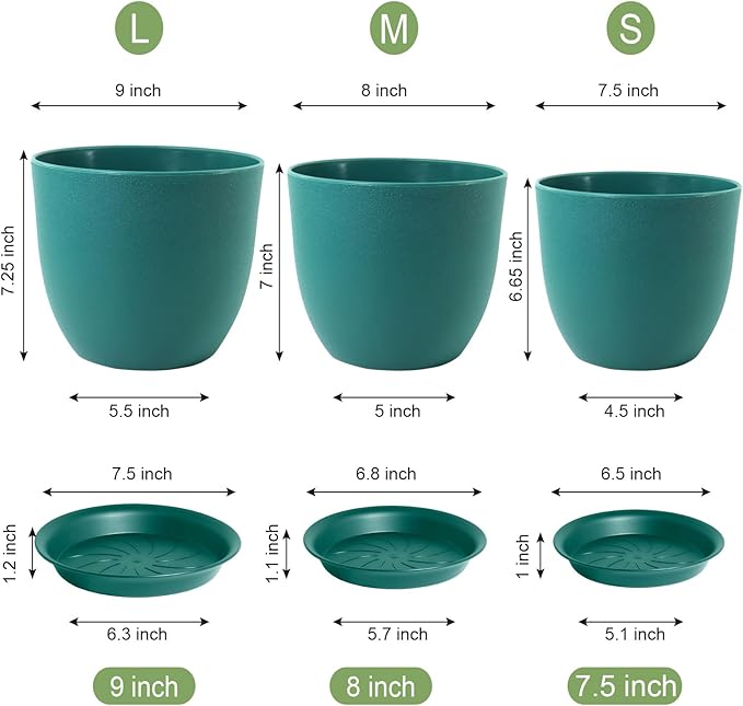 WSMKSZ 9/8/7.5 inch Flower Pots, 3 Pack Modern Plastic Planters with Drainage Holes and Trays for House Plants, Plant Pots for Indoor Outdoor Plants, Blue Green