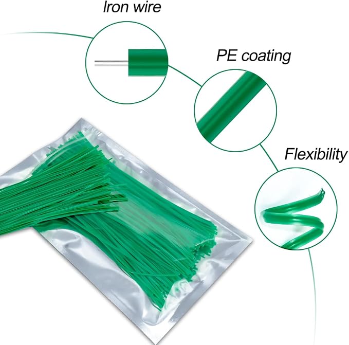 300 Pcs 6 Inch Twist Ties for Bags, Plant Ties, Breads Ties Twisty-tie, Climbing Plants Ties, Bags Cables Cords Ties, Heavy Duty, Soft Green PE, w. Reusable Mylar Ziplock Bag