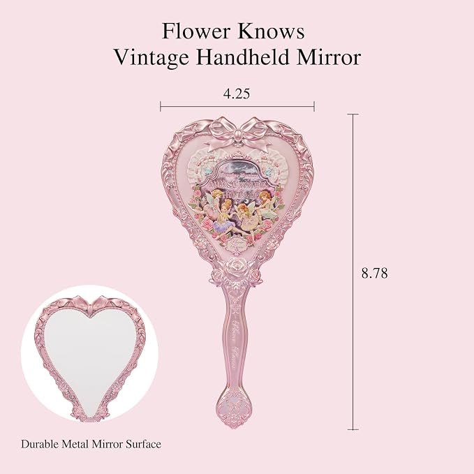 Flower Knows Midsummer Fairytales Hand Mirror,Vintage Heart Handheld Mirror,Fancy & Pretty Princess Handheld Mirror with Long Handle,Gift for Girls & Women(Milky Pink)