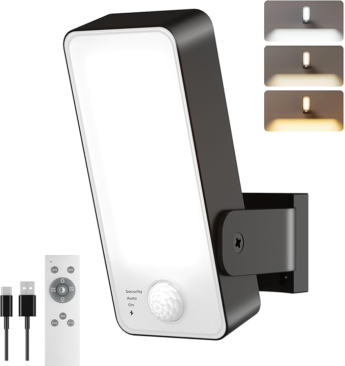 PopoIron Motion Sensor Outdoor Lights, 10000mAh Battery Operated Outdoor Lights with Remote, 3 Modes with Red Alert, Dimmable & 3CCT, Rechargeable Outdoor Security Lights for Porch, Backyard, Garage