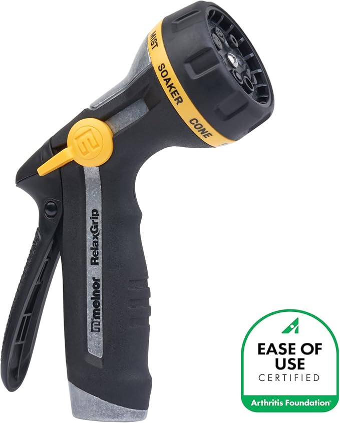 Melnor 65187AMZ RelaxGrip 8-Pattern Hose Nozzle with Quick Connect Bundle, Ergonomic Rear Trigger, Lightweight Water Nozzle, Arthritis Foundation Ease of Use Certified, Black, Yellow
