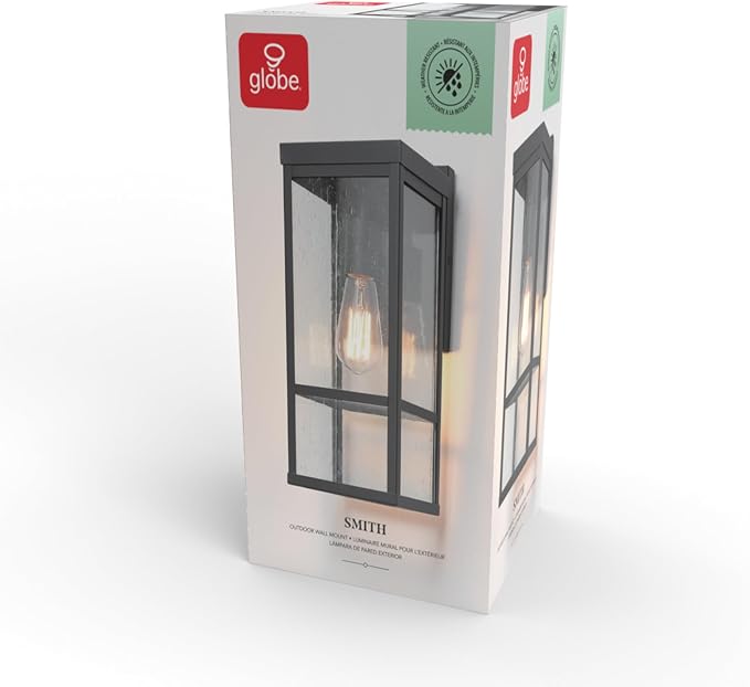 Globe Electric 44802 1-Light Outdoor Wall Sconce, Matte Black, Seeded Glass Shade, Weather Resistant Exterior Wall Light, Front or Back Porch Lights, Patio Lighting, Indoor Compatible