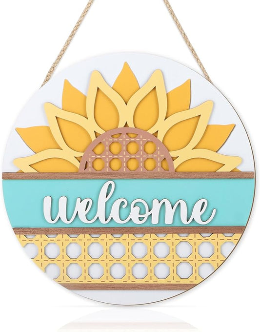 HOURIA 3D Summer Sunflower Welcome Door Sign,11.4 Inches Yellow Flower Summer Wood Wall Decor,Farmhouse Sunflower Decorations for Home,Office,Wreath,Indoor,Outdoor
