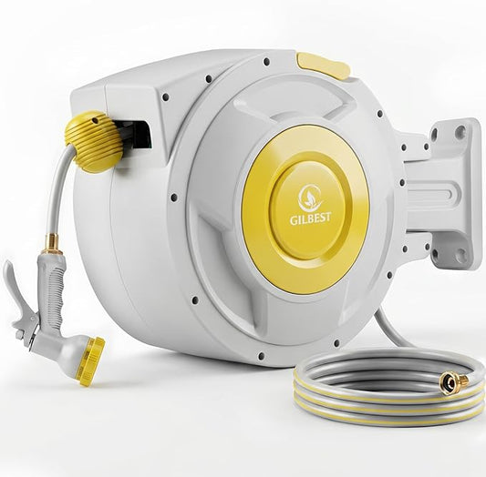 130 ft x 1/2" Retractable Garden Hose Reel, Heavy Duty Water Hose Reel Wall Mounted, Any Length Lock, 180°Swivel, Water Hose with 8-Function Nozzle for Cleaning, Watering (Yellow)