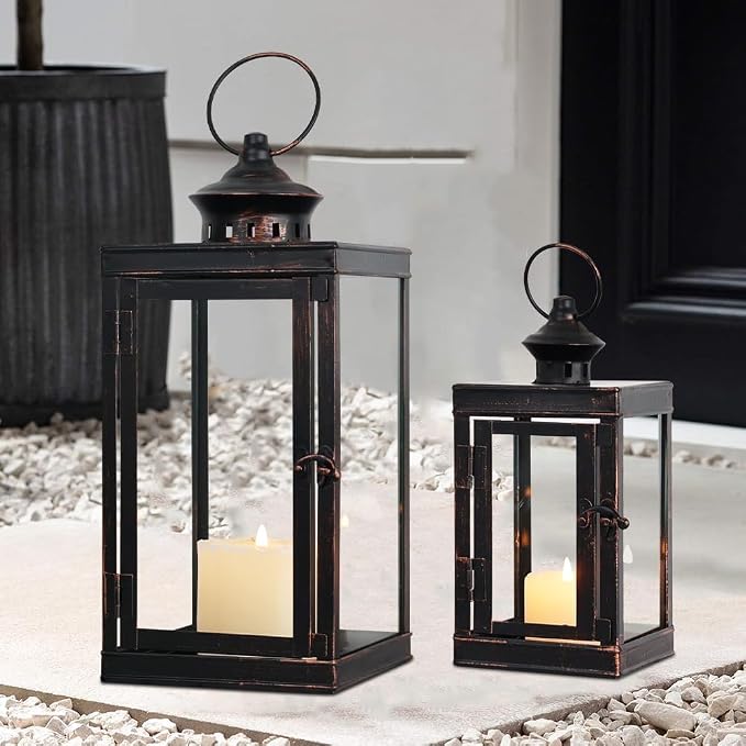 Large Lantern Decorative Outdoor & Indoor, Set of 2 (14’’&10’’) Metal Candle Lanterns Decor, Vintage Hanging Candle Holder for Front Porch Patio Wedding Farmhouse Home, Spring Decoration