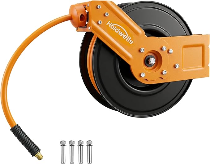 Retractable Air Hose Reel, 1/2" x 50FT Hybrid Air Hose, 300PSI Max, Auto-Rewind & Length-Lock, 1/2" NPT Fitting, Ceiling/Wall Mount Heavy Duty Single Arm Steel Reel for Workshop/Garage