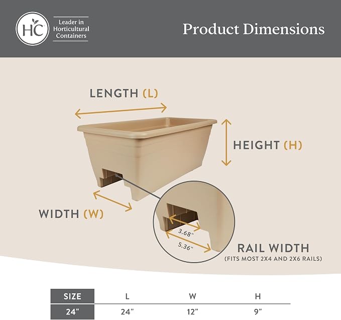 The HC Companies 24 Inch Deck Rail Planter Box with Drainage Plug, Lightweight UV-Resistant Plastic Outdoor Planters for Wood Deck Rail, Flower Box for Garden, Patio, Balcony, and Fence, Warm Gray