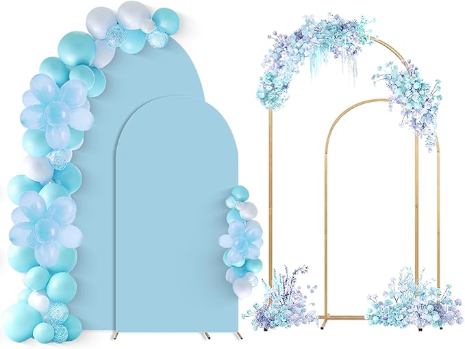 SuuWoee Arch Backdrop Stand Set of 2 With Blue Cover (7.2FT+6FT),Gold Metal Wedding Arch Balloon Stand With Cover for Birthday Party Baby Shower Graduation Ceremony Decoration
